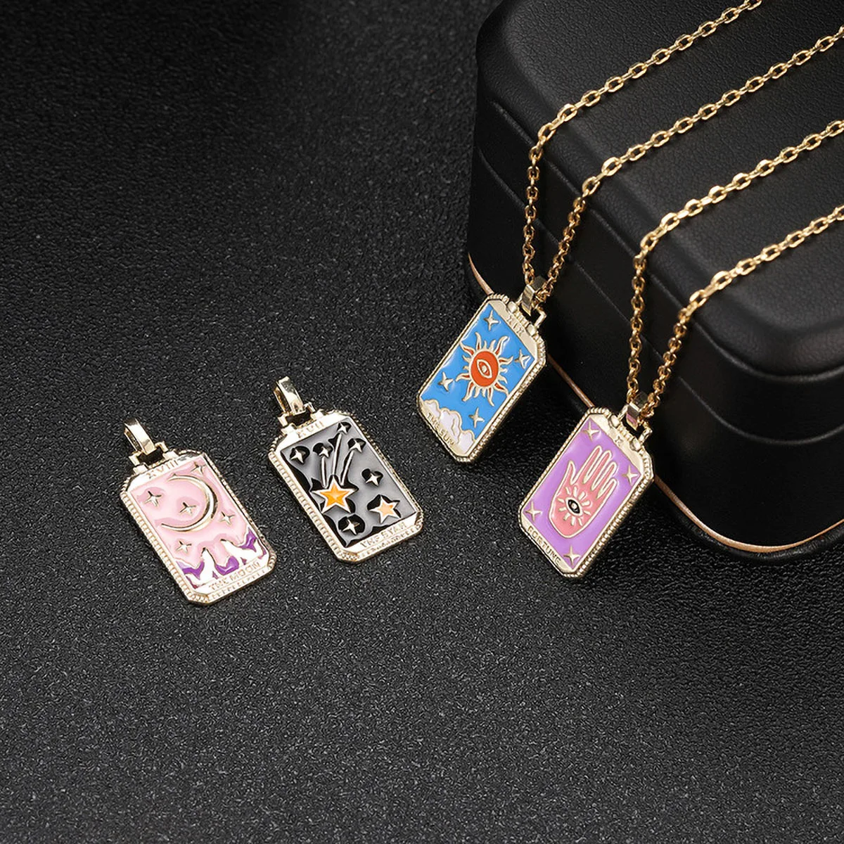

New Tarot Enamel Square Star Moon Sun Design Gold Plated Pendant Vintage Amulet Necklaces For Women Lucky Hip Hop Jewelry Gifts