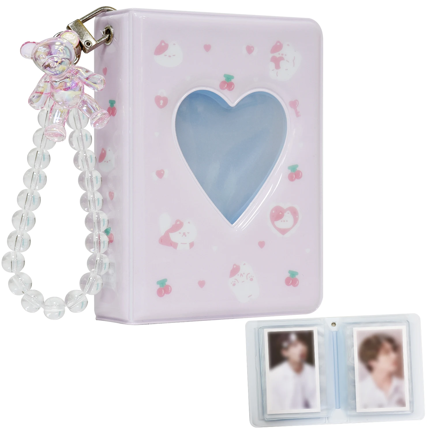 

3 Inch Mini Photo Album, 40 Pockets Heart Hollow Card Binder Cartoon Bear Photo Album Kpop Idols Card Binder with Pearl Bear Ha