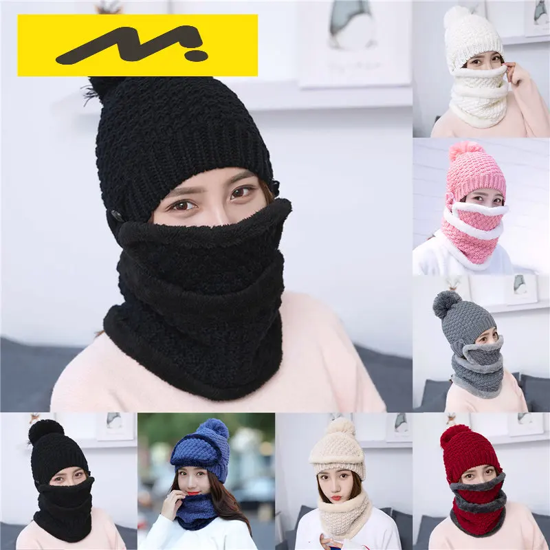 Brand New Beanies Hat Women Sets 3 Knit Skullies Hats With Bib Mask Female Winter Velvet Thick Warm Knitted Wool Cycling Caps
