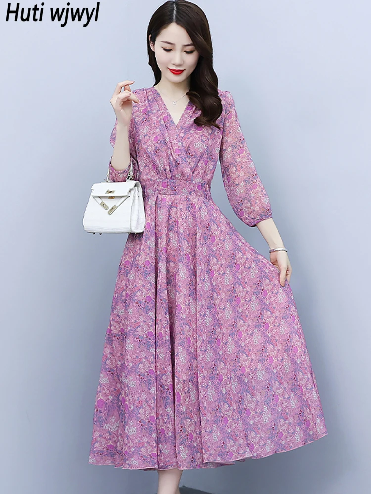 

2023 Floral Chiffon Causal Boho Beach Long Dress Women Elegant Luxury Party Midi Dress Spring Summer Bodycon Prom Night Vestidos
