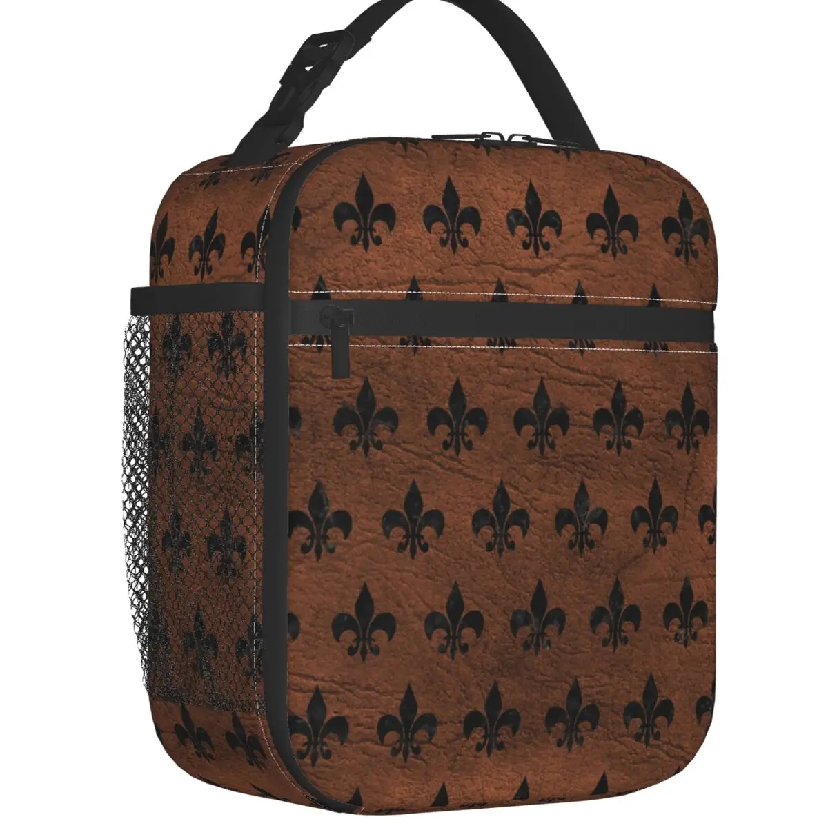 Royal Black Marble Brown Leather Fleur De Lis Lunch Box Multifunction Lily Flower Thermal Cooler Food Insulated Lunch Bag Kid