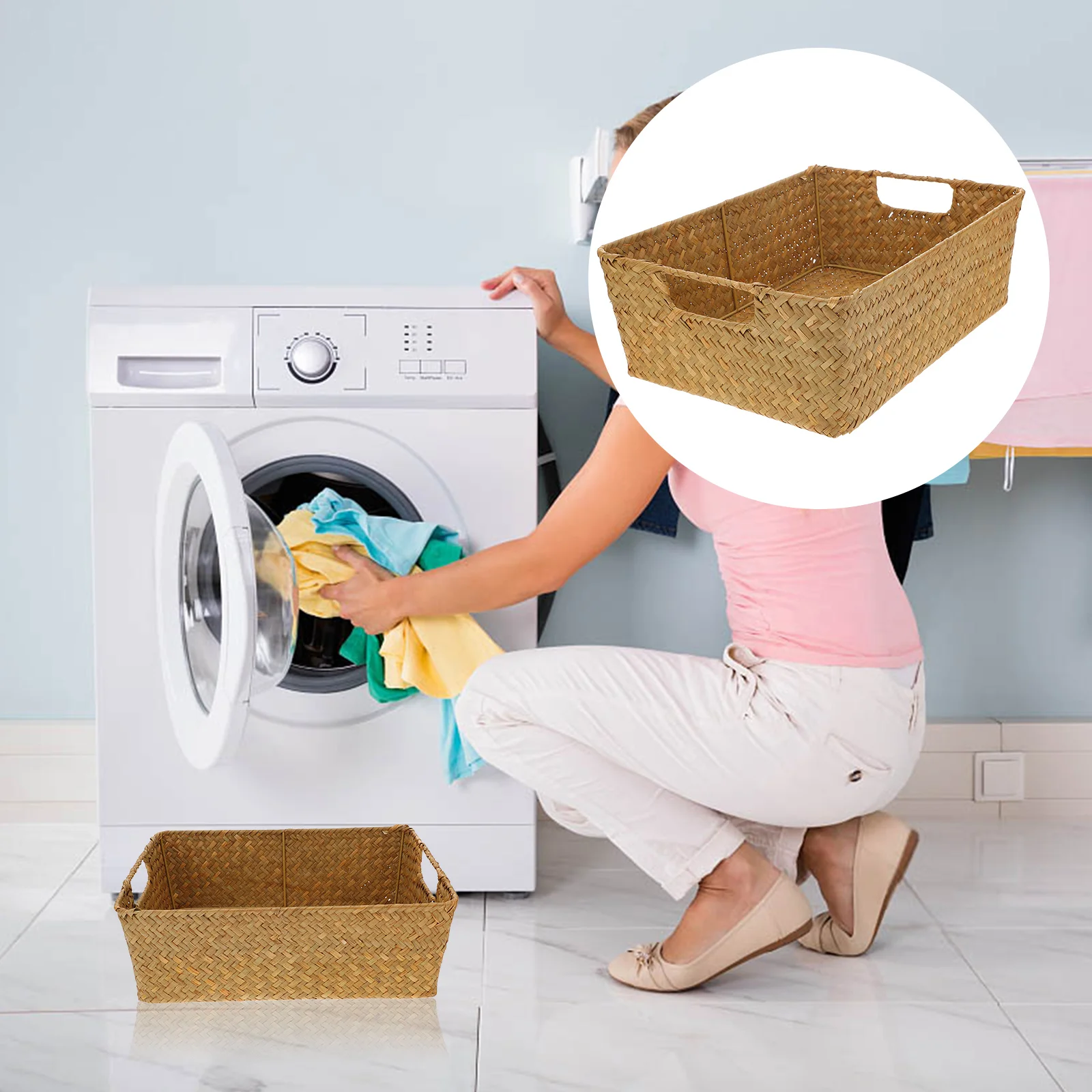 

Basket Storage Woven Wicker Baskets Seagrass Rattan Bins Organizer Rectangular Fruit Forseaweed Box Serving Hamper Makeuplaundry