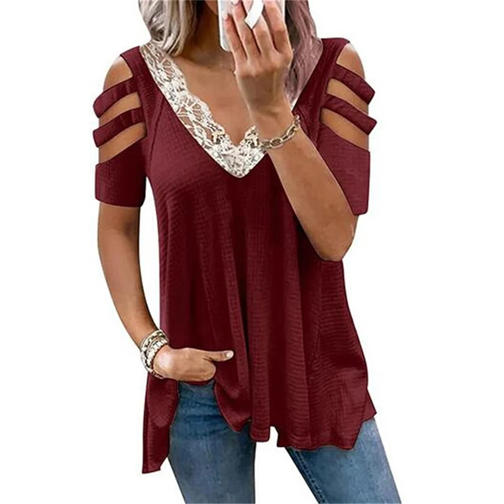 

Lace V Neck Woman Tshirts Loose Top Hollow Out Short Sleeve T Shirt Female Ladies Top Vintage Casual Tshirt for Women Tops
