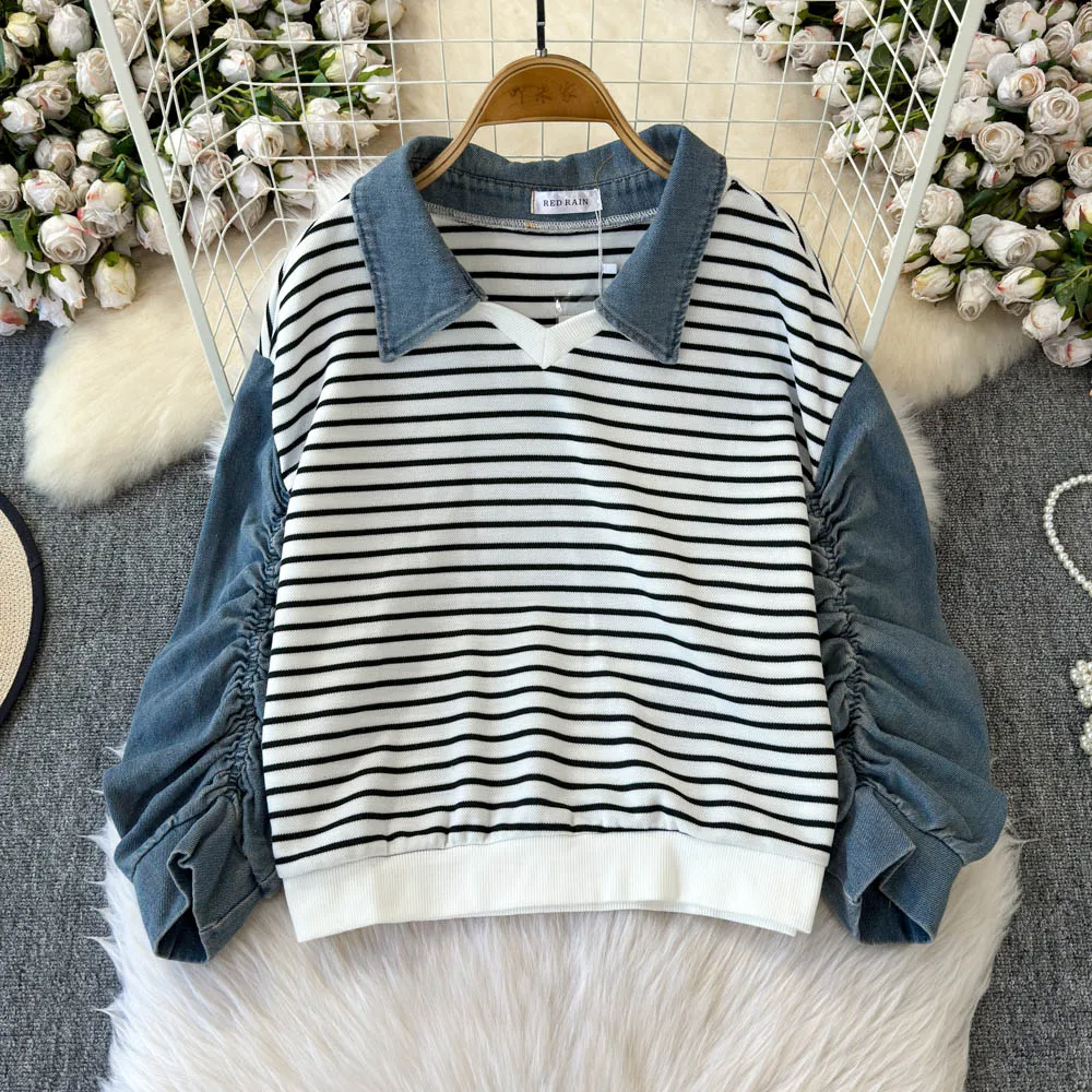 Женская джинсовая толстовка с капюшоном Feel Fake Two Свободные полосатые рубашки