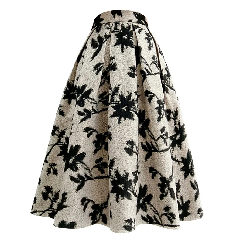 Leaf Embroidered Winter Thick Woolen Ball Gown Skirts For Women High Waist Party Princess Vintage