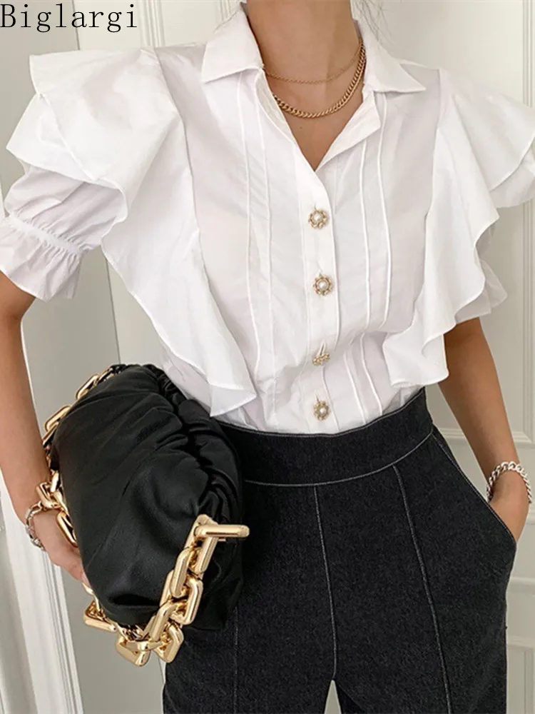 

Chic Ruffle Edge Puff Sleeve Summer French White Shirt Office Casual Women Shirt Ladies Fashion Elegant Woman Korea Shirts Tops