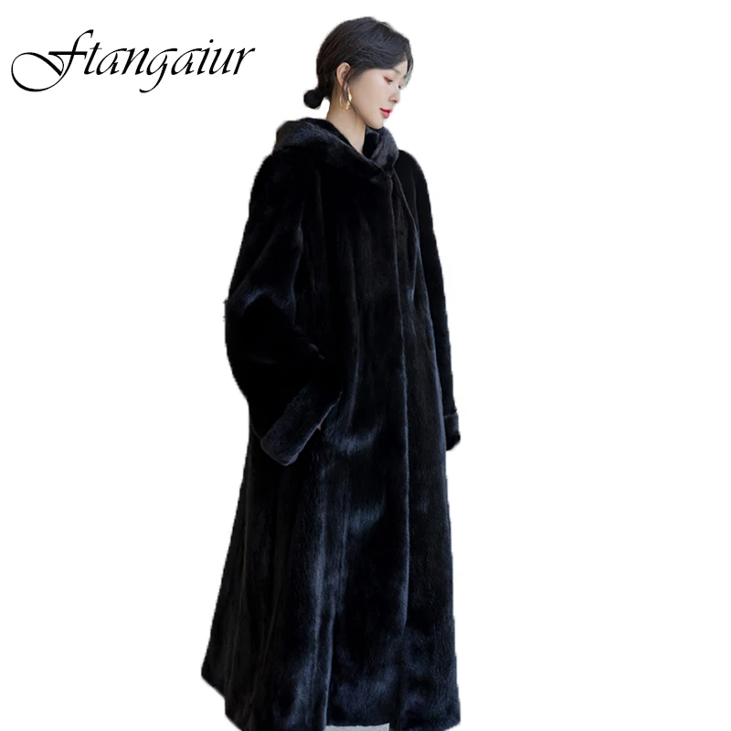 

Ftangaiur New Winter Import Purple Standard Velvet Mink Fur Coat Women Turn-Down Collar X-Long Loose Natural Real Mink Fur Coats