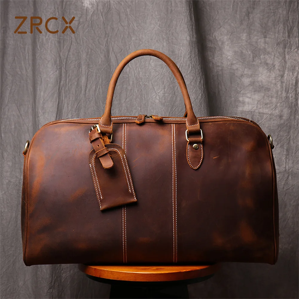 ZRCX Vintage Men's Hand Luggage Bag Travel Bag Geunine Leather bag Large Capacity Single Shoulder Messenger For 14 Inch Laptop