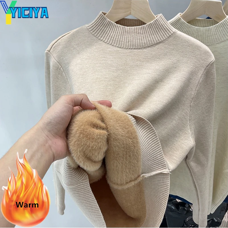

Толстые свитера YICIYA, повседневный вязаный пуловер с высоким воротником и плюшевой подкладкой, женская зимняя теплая трикотажная одежда, джемпер, мягкие Топы