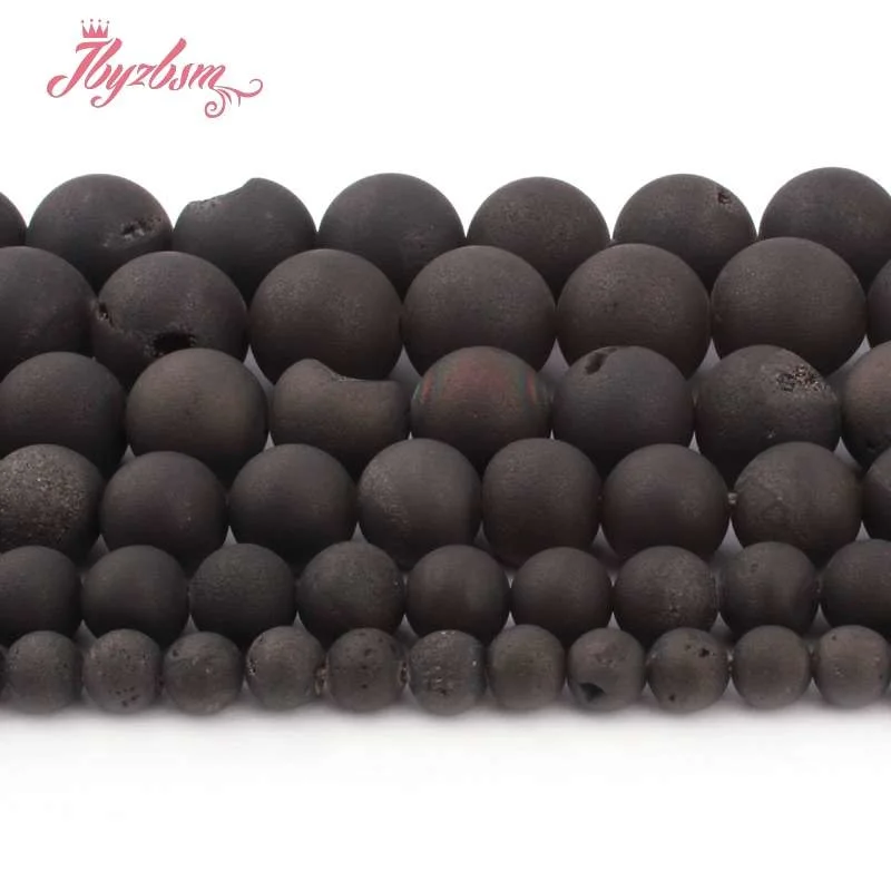 

8,10,12mm Round Beads Black Metallic Coated Druzy Agates Stone Beads For DIY Necklace Bracelet Jewelry Making 15"