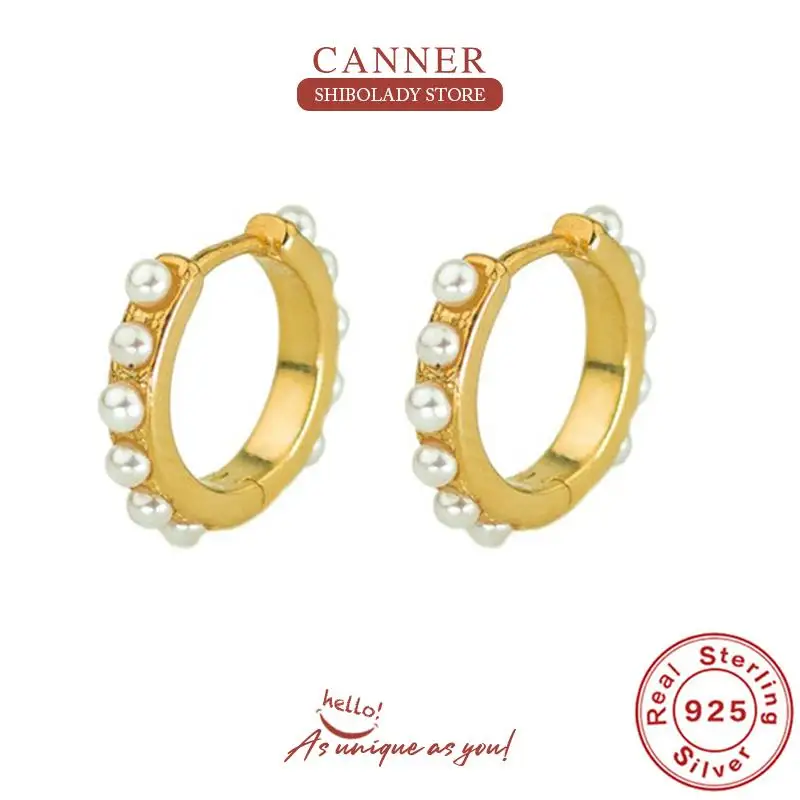 

CANNER Retro Elegant Pearl Earrings For Women 925 Sterling Silver Earrings Hoops Pendientes Plata Piercing Gold-Plated Jewelry