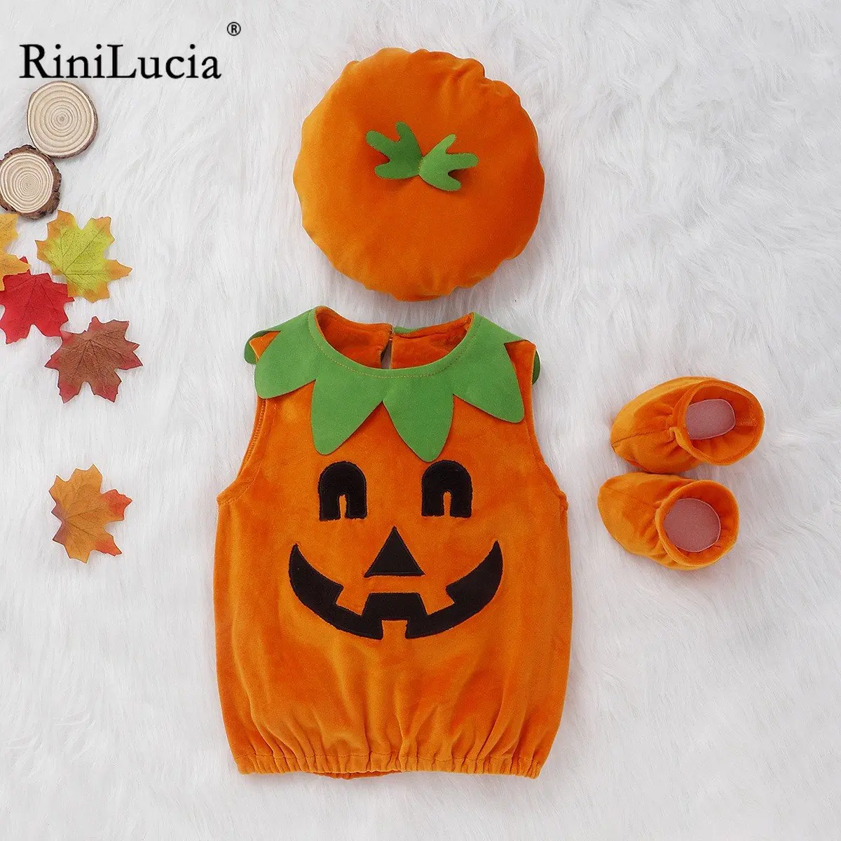 

RiniLucia 3PC 2022 Halloween Autumn Newborn Infant Baby Boys Girls Rompers Cartoon Pumpkin Sleeveless Romper Jumpsuits Costume