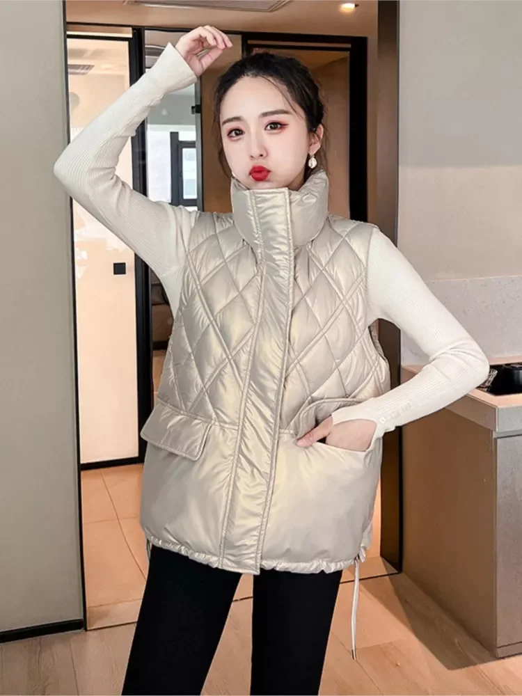 

ling's collar lightness warm cotton feather waistcoat big pocket sleeveless thin vest coat female A03XY