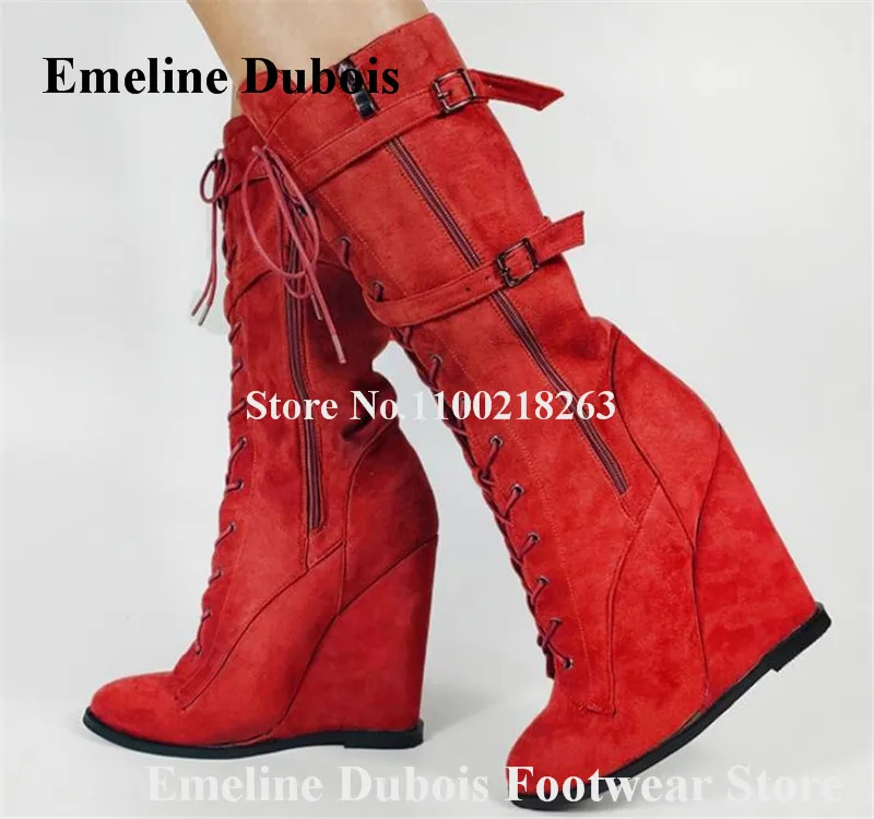 

Suede Wedge Mid-calf Boots Emeline Dubois Fashion Round Toe Lace-up Short Wedges Red Blue Pink Buckles Ankle Boots Big Size