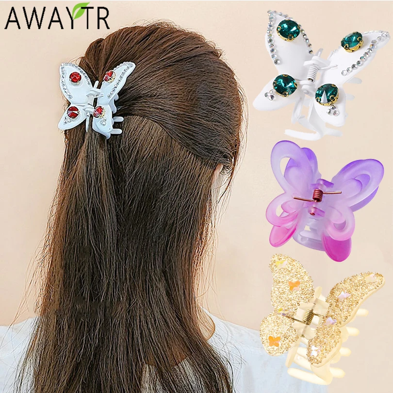 

Fashion Butterfly Rhinestone Hair Claw For Women Girl Crab Clamps Crystal Hair Clip Barrettes Gradient Colorful Hair Accessories