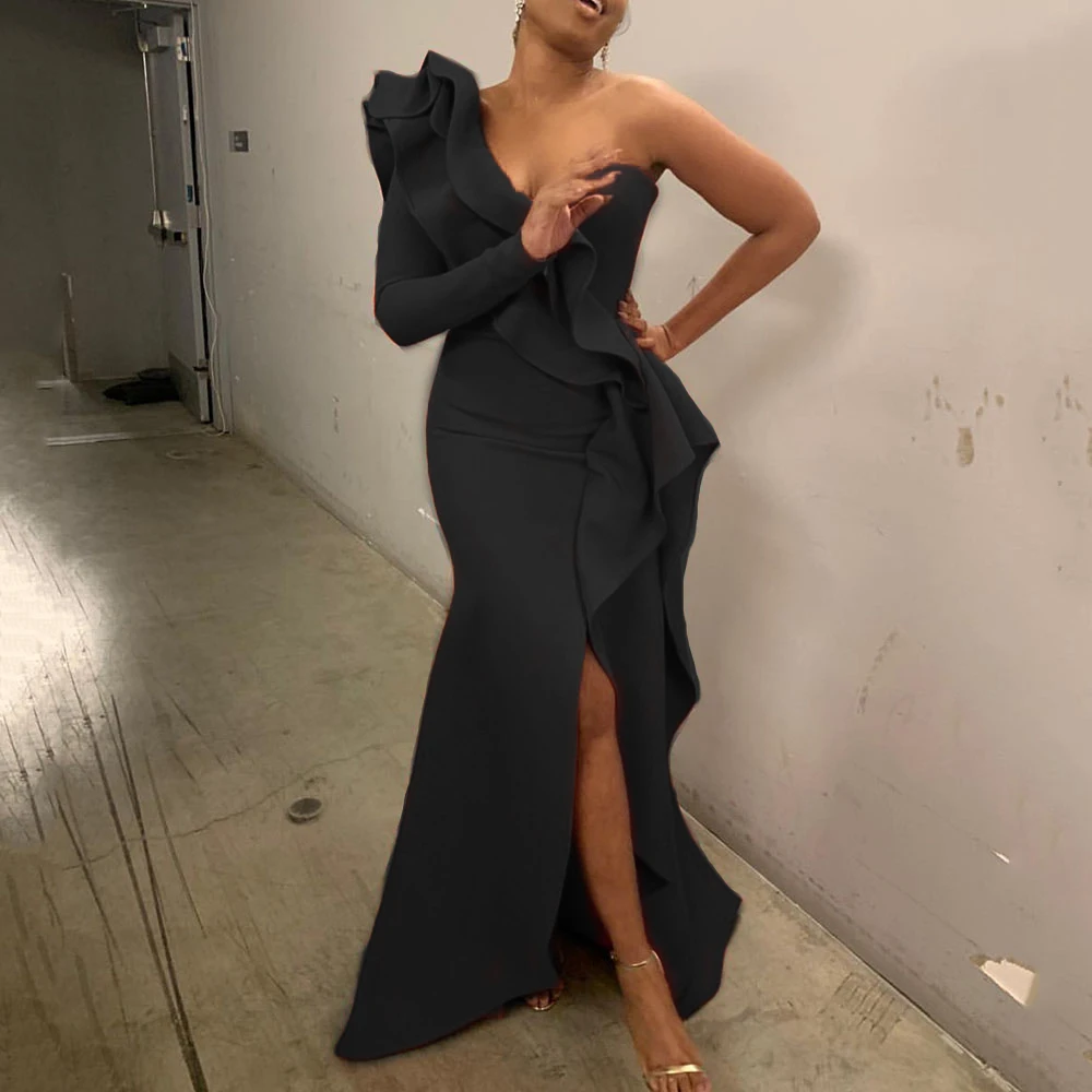 

RMZM Sexy Elegant Evening One Shoulder Long Dress Tight Split Female Ruffled Formal Long Dress Fall Black Gothic Dress Party