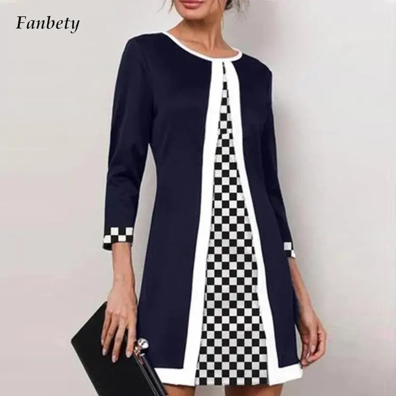 

Office Ladies Fashion Patchwork Plaid Printed Dresses 2022 Spring Long Sleeve Slim Mini Dress Women O-Neck Casual Dress Vestidos