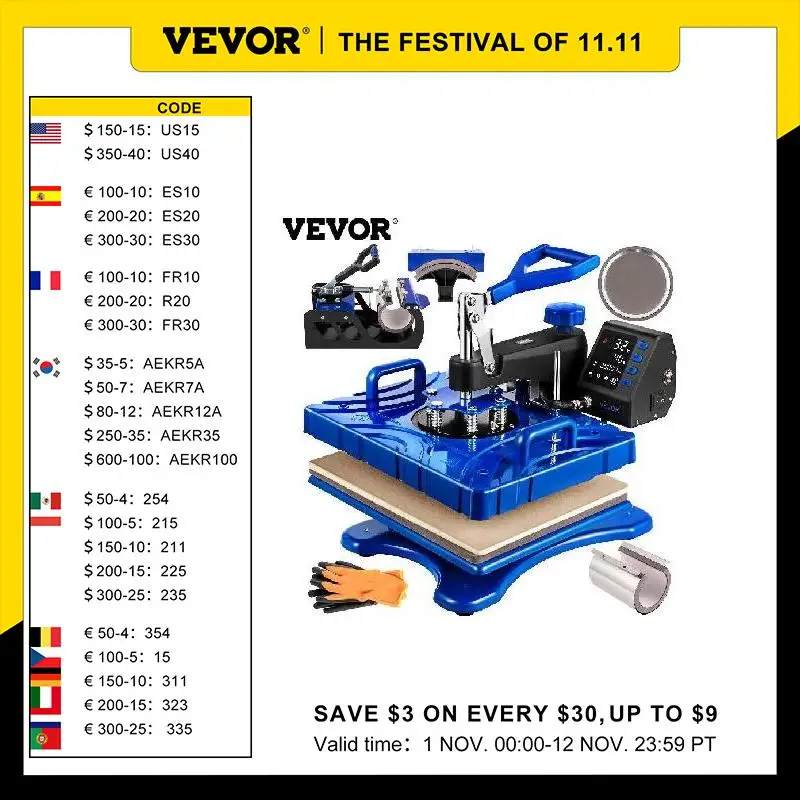 

VEVOR 6 In 1 Heat Press Machine 800W 12 X 15 Inch Black & Blue 360 Degree Rotation Design Digital LED Transfer Printing for Mug