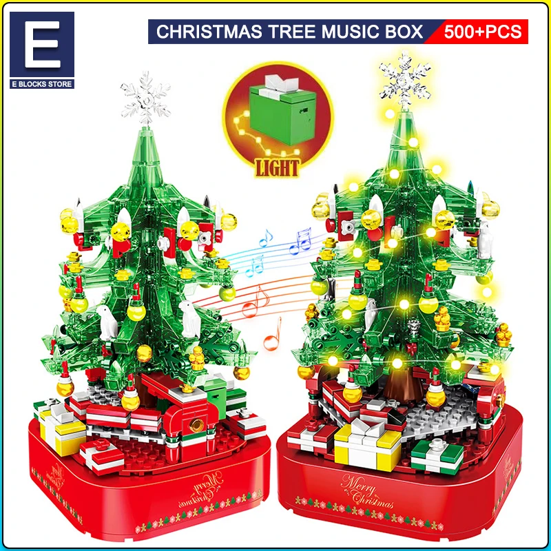

City Christmas Tree Rotating Music Box Building Blocks Friends Santa Claus LED Light Shining Xmas Bricks Toys For Children Girls