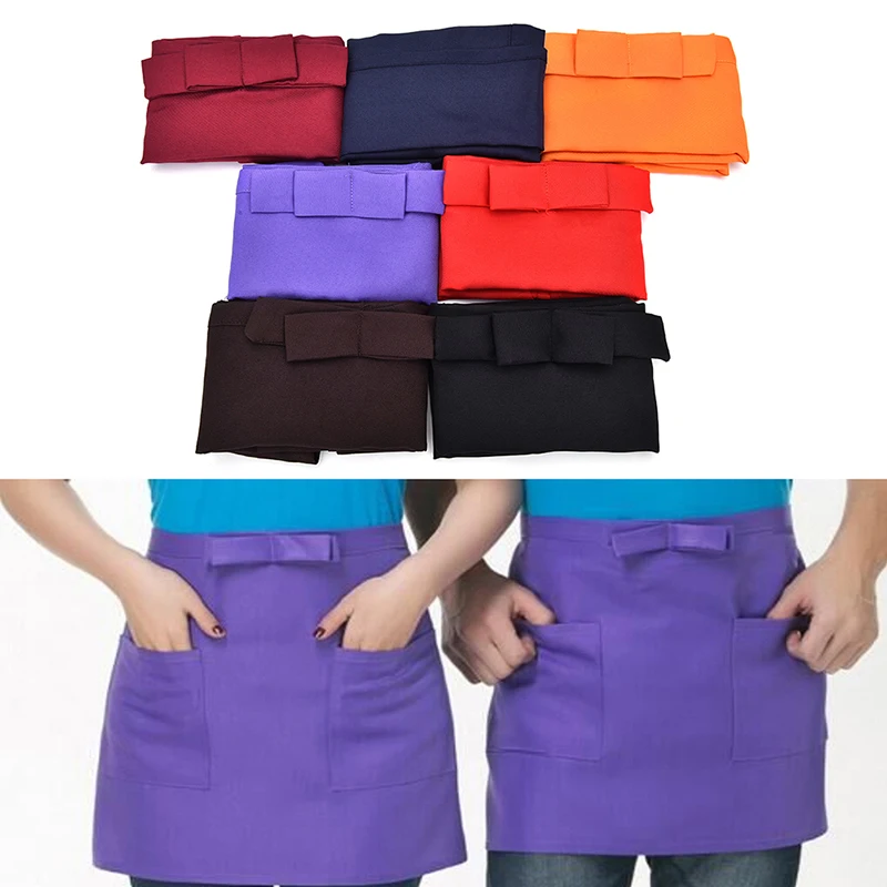 

1PCS Half Short Waist 2 Pocket Polyester Apron Waitress Waiter with Pocket Kitchen Cafe Pub