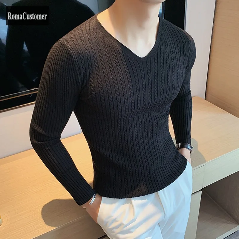 

V-Neck Sweater Mens Spring Autumn New Slim Long Sleeve Knitting T-Shirt Fashion All-Match British Style Pullover Bottoming Shirt