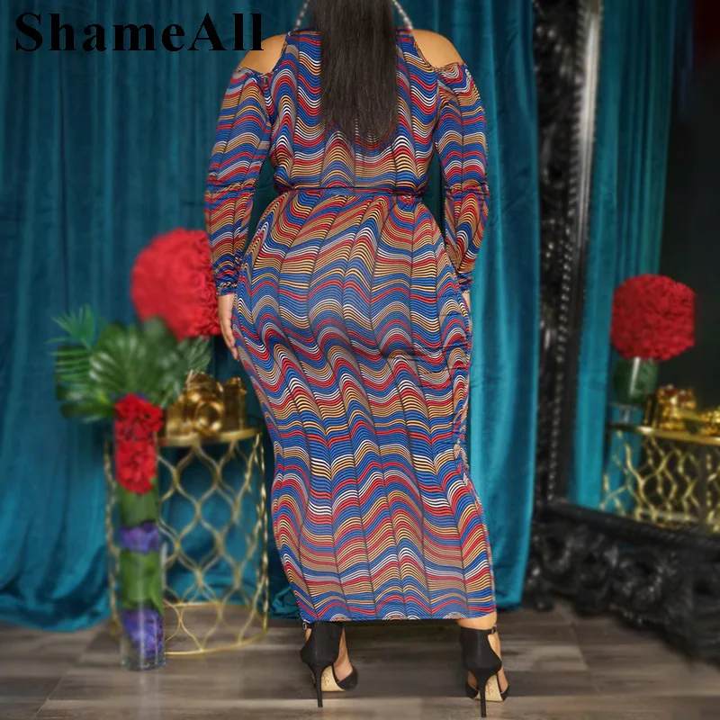 Plus Size Cropped Top Skirt 2 Piece Set 4XL Striped Print Cold Shoulder Long Sleeve Hip Package Bodycon Skirts Sexy Women Suits