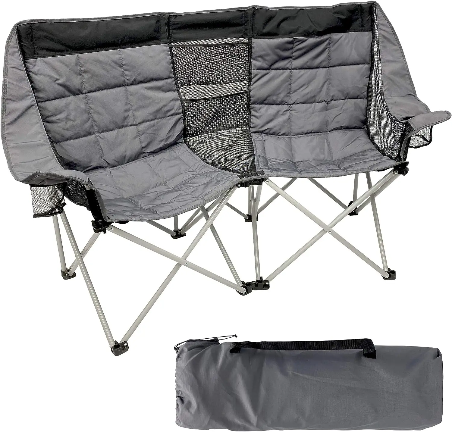 

Camping Chair - Double Love Seat Heavy Duty Oversized - Folds Easily and is Padded, Grey