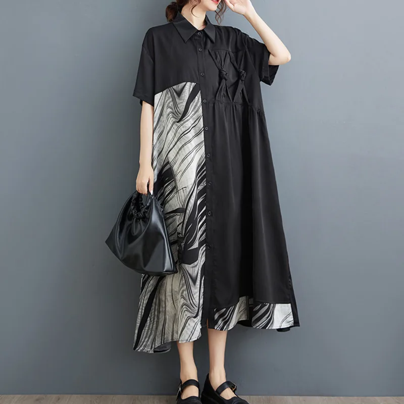 #3961 летнее черное асимметричное платье-рубашка с принтом женское винтажное