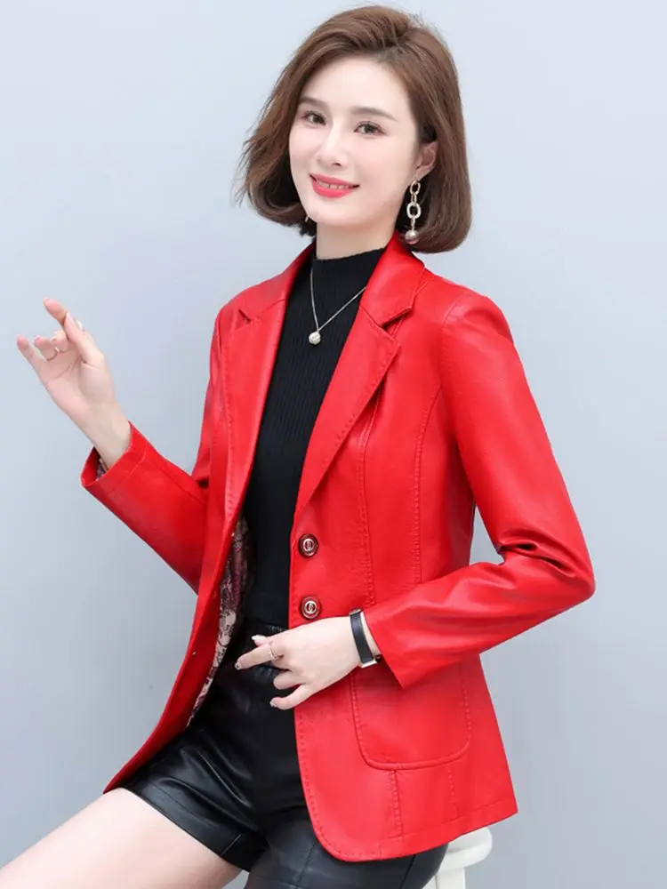 New Women Sheepskin Blazer Spring Autumn Fashion Suit Collar Long Sleeve Slim Waist Leather Jacket Split Leather Short Coat