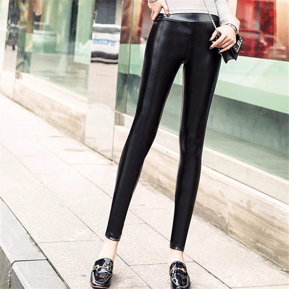 Women's Pencil Pants Tight-fitting Small Foot Design Elastic PU Material Suitable for Spring Autumn High-waisted Style S-curve
