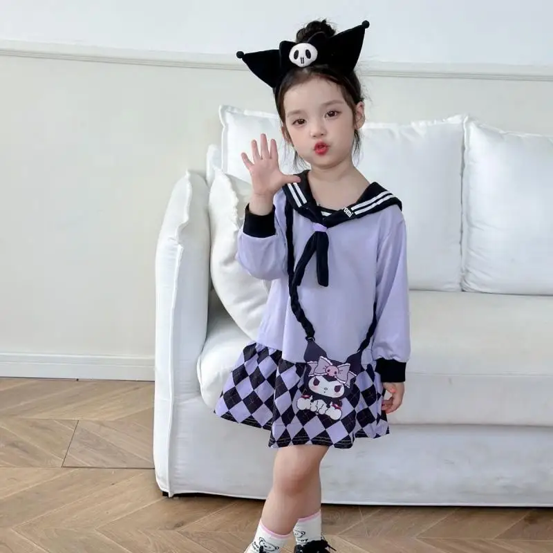 

Kawaii Sanrios Kuromi Anime Cartoon Girl Child Autumn Cute and Sweet Preppy Navy Collar Color Matching Plaid Purple Dress