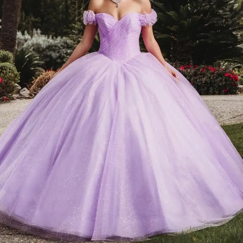 Сиреневое блестящее платье Quinceanera бальное с открытыми плечами вечеринка по