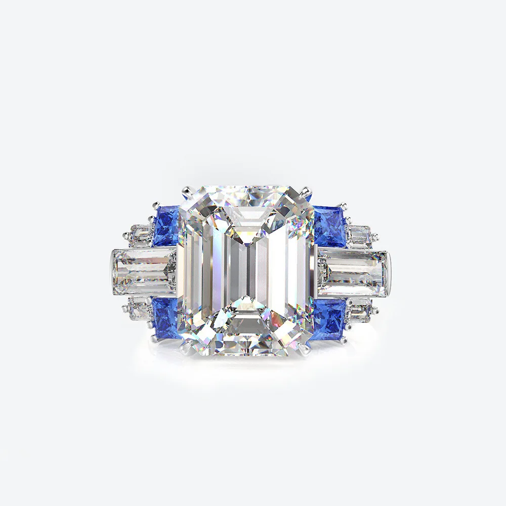 

S925 Sterling Silver Rectangular Artificial High Carbon Diamond 6 Carat Ring Retro Exquisite Wholesale