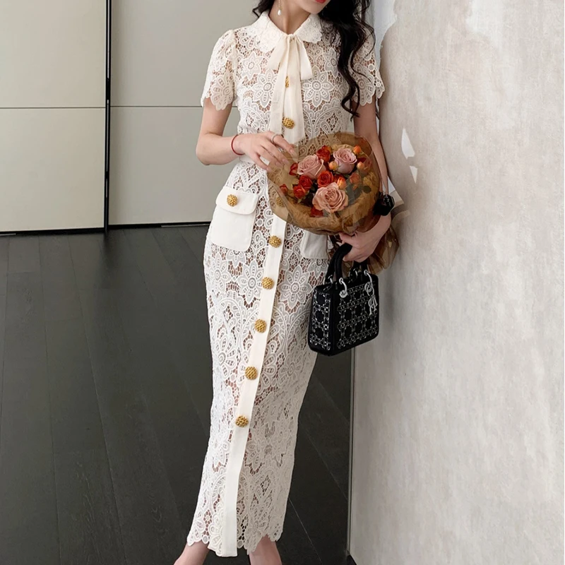 

Женское кружевное платье, белое ажурное длинное платье с коротким рукавом, лето 2023