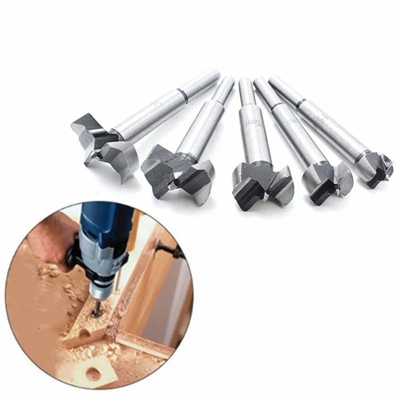 

5pcs Center Forstner Drill Bit Set Round Shank Hinge Hole Saw Cutter Cemented Carbide Drill Bit 14-48mm Wood Flat Drilling Bits