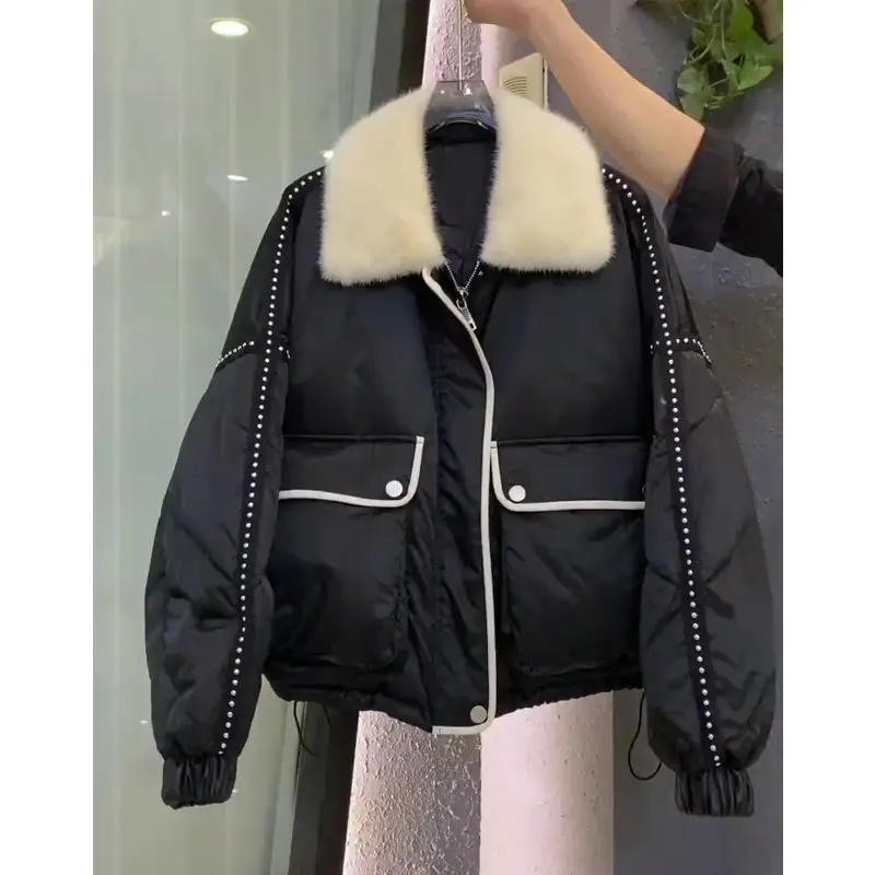 Cotton Coat Korean Loose Cotton Coat 2022 New Parka Coat Women's Winter Short Thickened Warm Fur Collar Zipper Tooling Coat