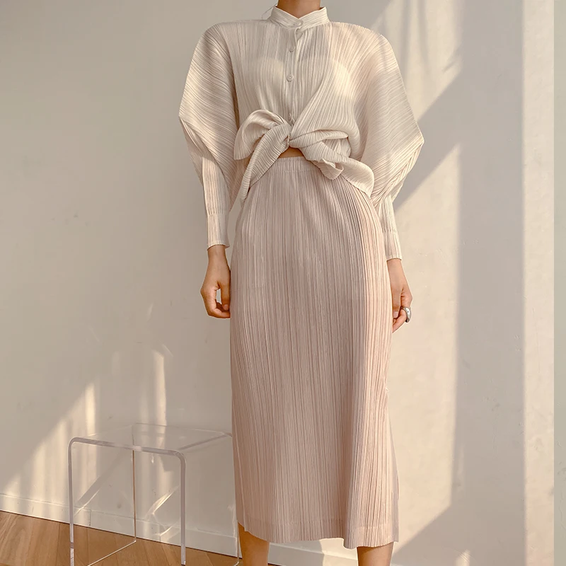 

Miyake pleats show thin middle waist age reduction temperament side slit middle long skirt