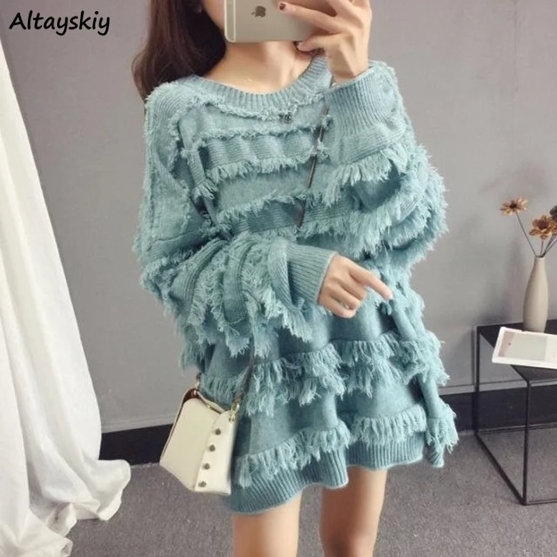 

Pullovers Women Ulzzang Tassel Autumn Loose Fashion Chic Knitting Solid All-match O-neck Leisure Streetwear Clothing Multi-color