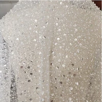 high quality 130cm1yard beaded tulle lace fabric for wedding dress french african sequins embroidery raw white laces fabrics