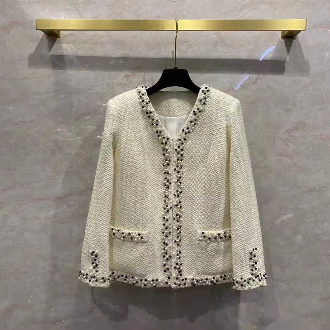 

European and American women's wear spring 2022 new Long-sleeved V-neck heavy duty beaded tweed coat