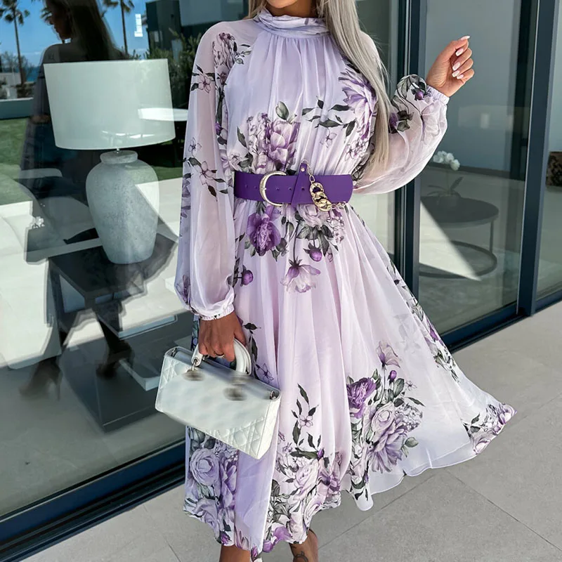 

Elegant Floral Print Chiffon Party Dresses 2023 Blue Purple Women Summer Long Sleeve O-Neck Waist Belted A-Line Long Midi Dress