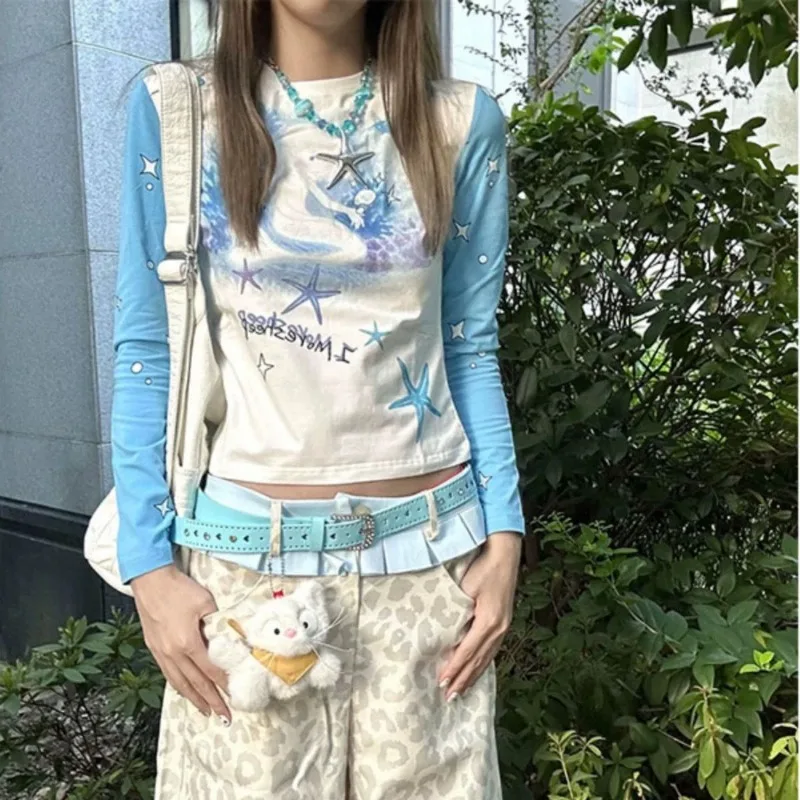 Футболка женская с круглым вырезом длинным рукавом и принтом морской звезды