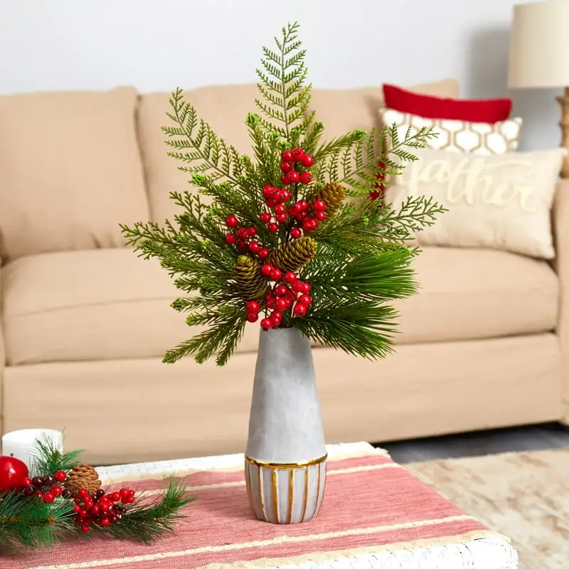 

Mixed Pine, Pinecone and Berry Artificial Arrangement in Stoneware Vase with Gold Trimming, Red