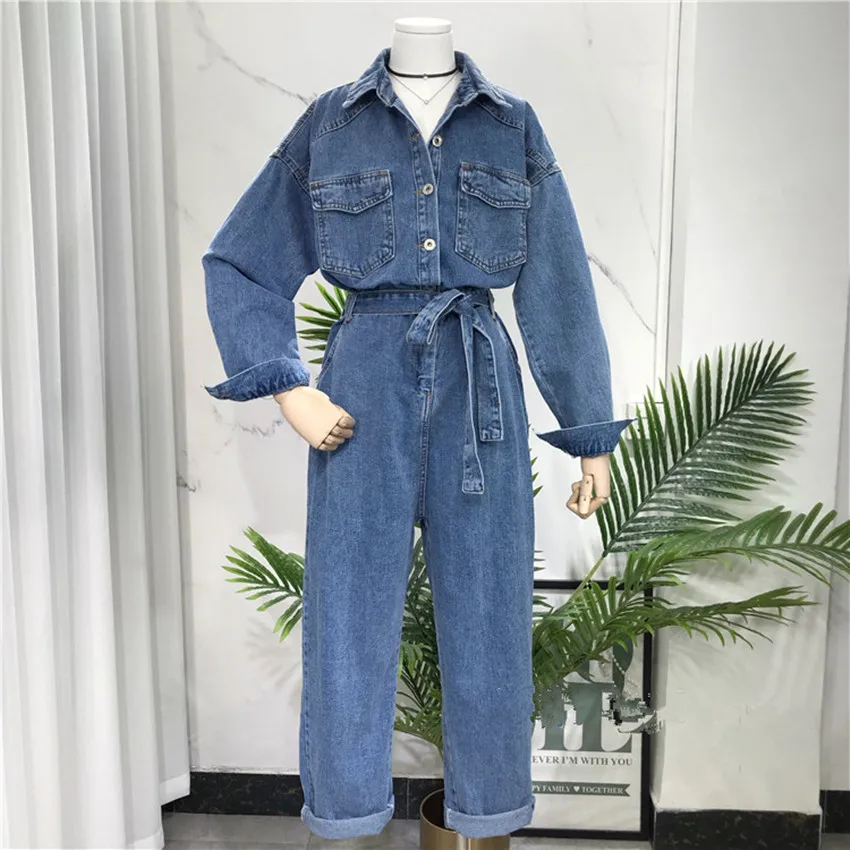 

JSXDHK Fashion Women Long Sleeve Denim Jumpsuits Overalls 2022 Spring Autumn Turn Down Collar Female Loose Jumpsuit With Belt