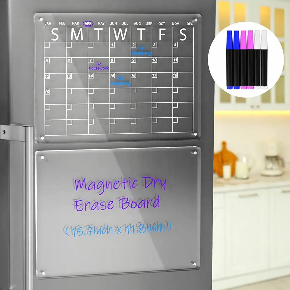 

2 шт. магнитная доска для сухого стирания для холодильника, акриловый прозрачный календарь для холодильника, доска для заметок с 4 цветными маркерами, ластик, многоразовый