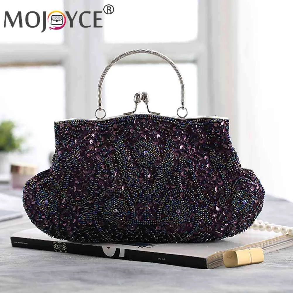 

Vintage Evening Bags Chains Satin Beading Lady Clutch Bags Metal Handle Handmade Small Shinny for Bride Party for Wedding Dinner