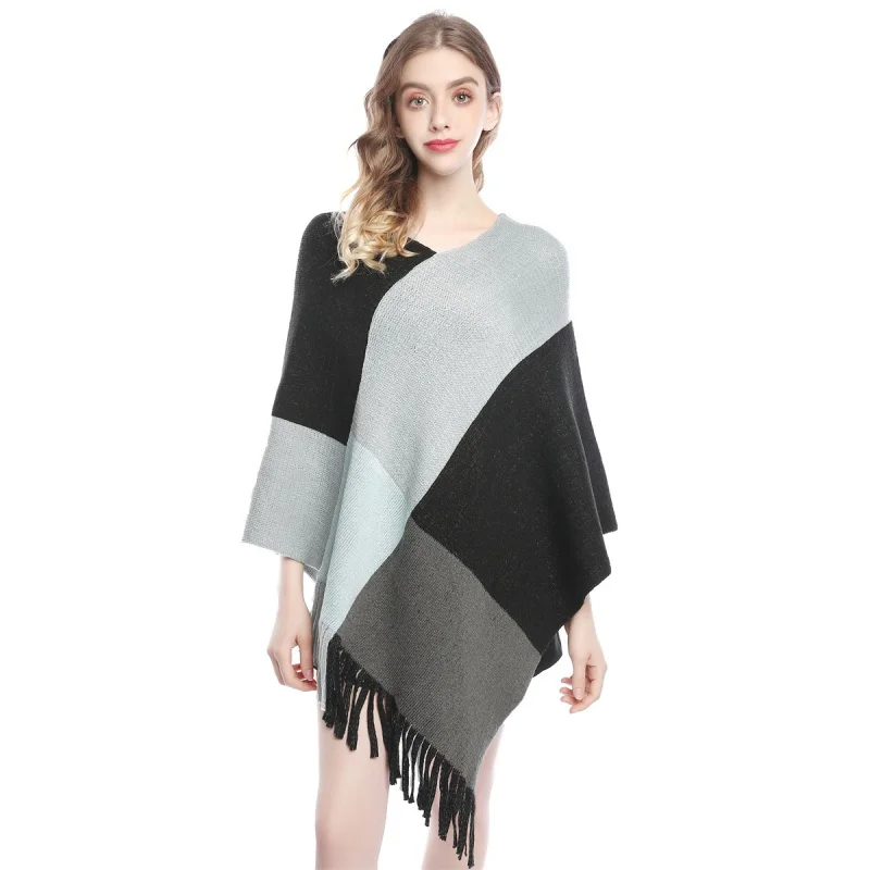 

2023 Autumn Wear Mid-Length Loose-Fitting Batwing Sleeve Shirt Tassel Cape and Shawl Plaid V-neck Sweater Sweater Coat