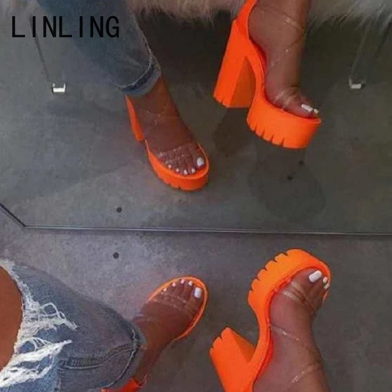 

Fashion Platform Sandals Women High Thick Heel Casual Ladies Open Toe Shoes Transparent Narrow Band Sandal Ankle Strap Summer