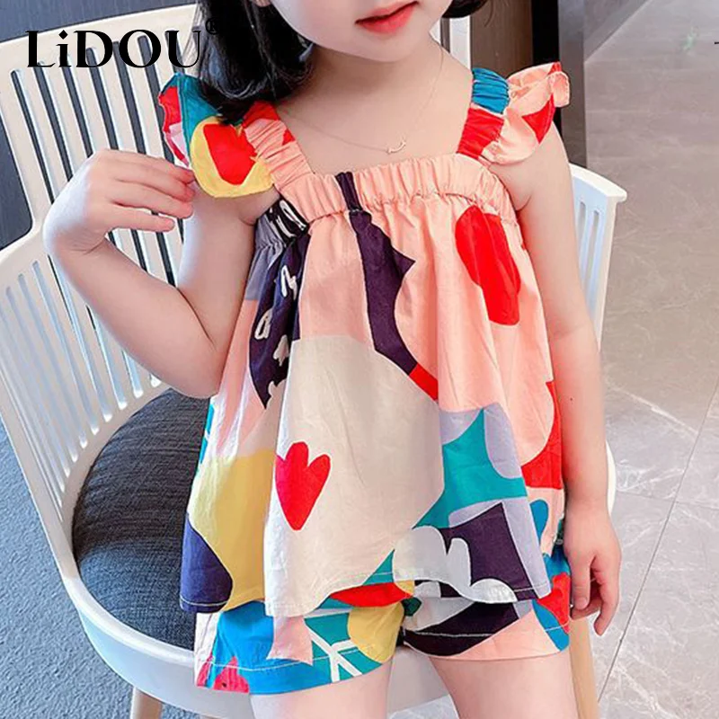

Summer Floral Vest + Children's Kids Casual Pant Fashion Cute Clothing Sets Suspender Top Print Kawaii Baby Girls Clothes Suit