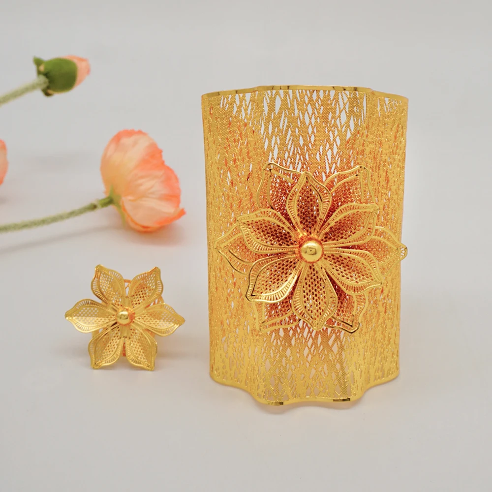 Luxury Indian Dubai Gold Color Big Bangles & Ring For Women African Arabic Charm Bracelet Jewelry Nigerian Wedding Gift Bijoux